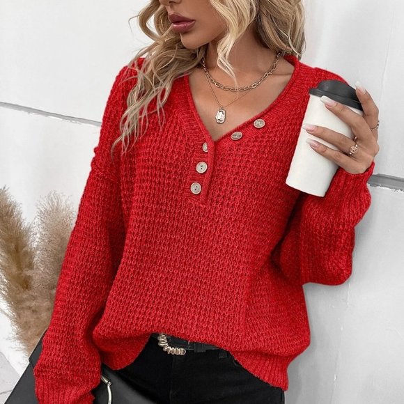 Casual Button detailed knit Sweater top red - Picture 5 of 5